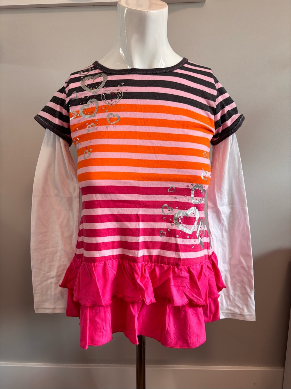 Cherokee Pink & Orange Striped Layered Ruffle Long Sleeve Top